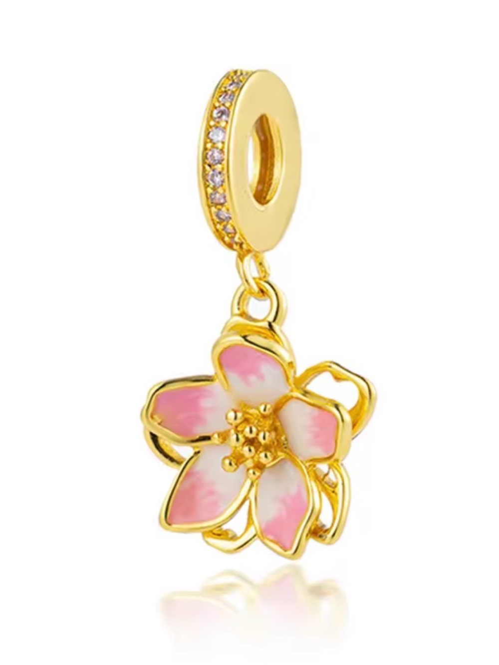 NEW Pink Floral Gold Pandora Style Charm